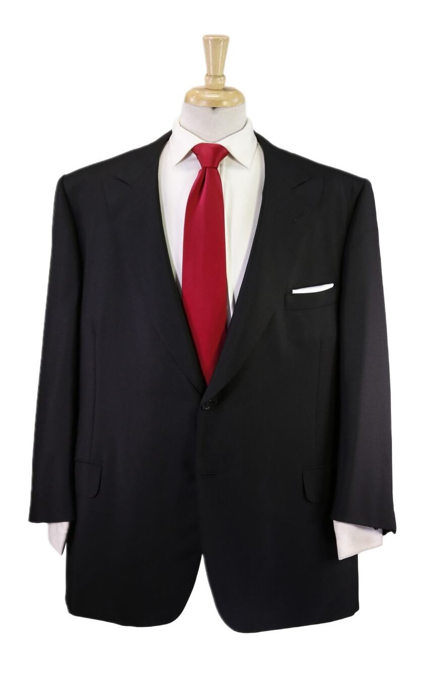Oxxford Solid Black 100% Silk 2-Btn Handmade Suit 48R